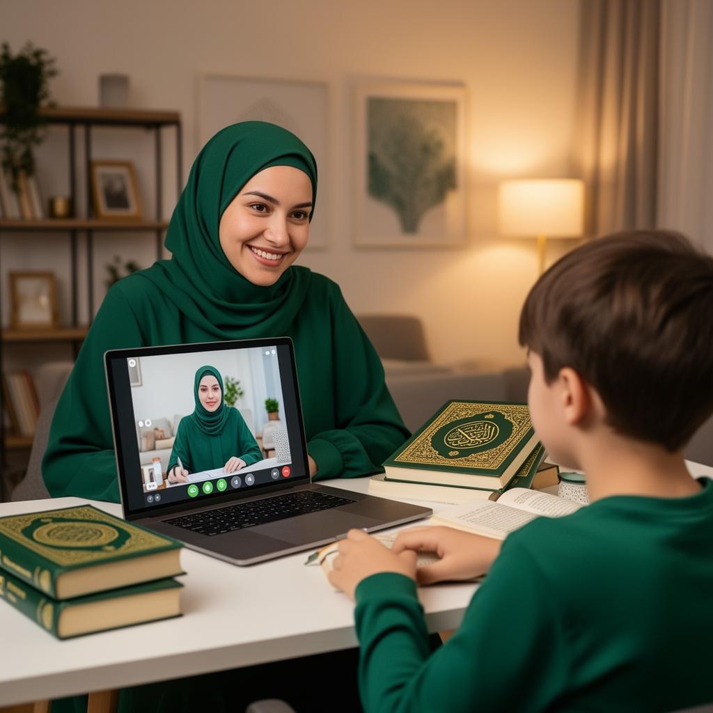 Female Quran teacher in hijab teaching a child via video call